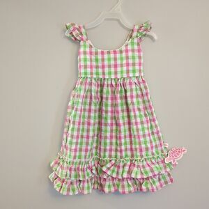 Lolly Wolly Doodle Pink Green Gingham Checkered Summer Ruffle Dress - 12 Months